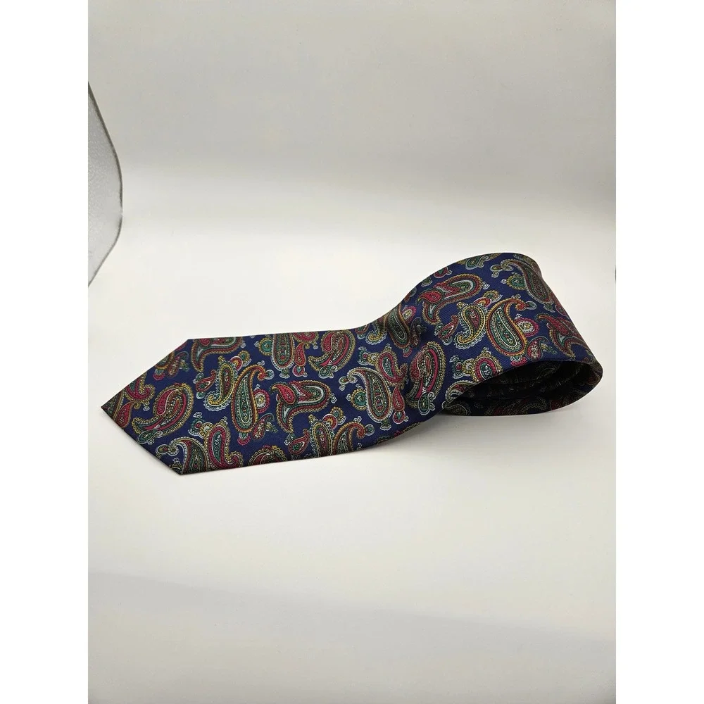 Stefano Rossini Men Navy Blue Paisley 100% Silk Handmade Necktie 3.75 Inch Width
